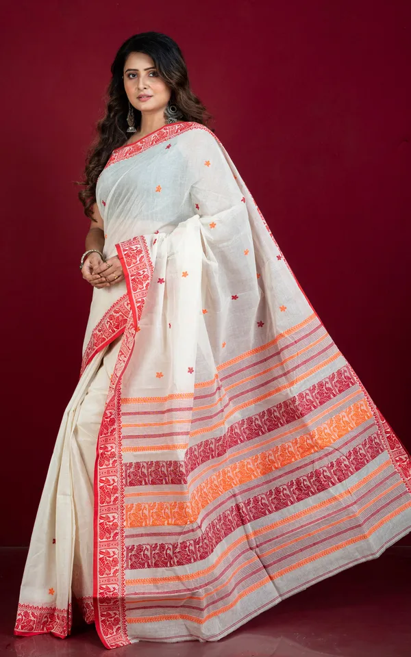 Bengal_Handloom_Cotton_Baluchari_Saree_In_Off_White_Red_And_Orange
