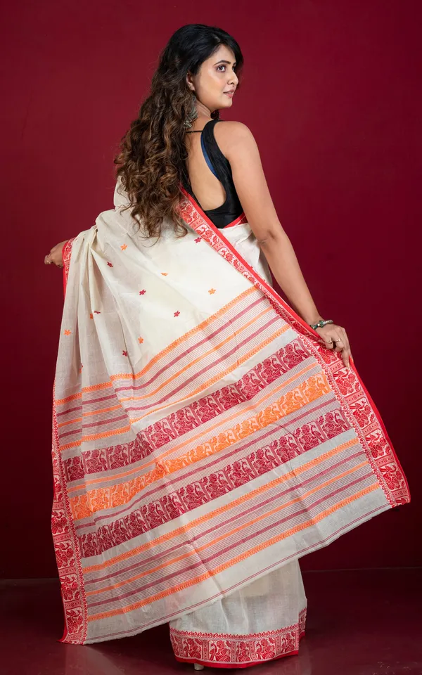 Bengal_Handloom_Cotton_Baluchari_Saree_In_Off_White_Red_And_Orange