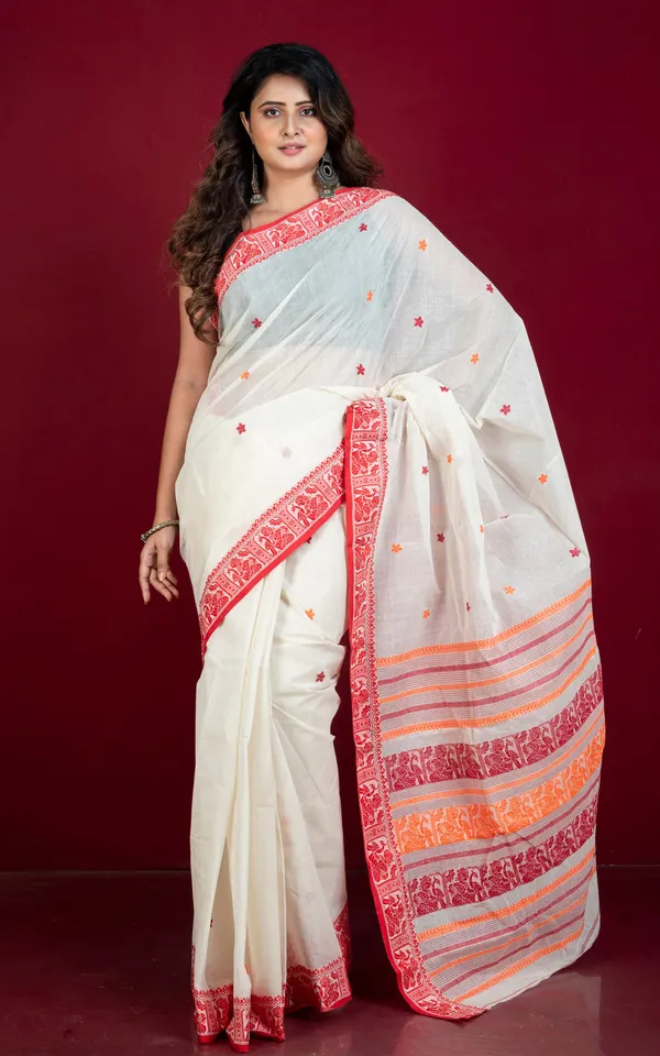Bengal_Handloom_Cotton_Baluchari_Saree_In_Off_White_Red_And_Orange