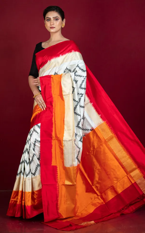 Designer_Skirt_Border_Ikkat_Pochampally_Silk_Saree_In_Off_White_Red_Fire_Orange_Black_And_Antique_Golden