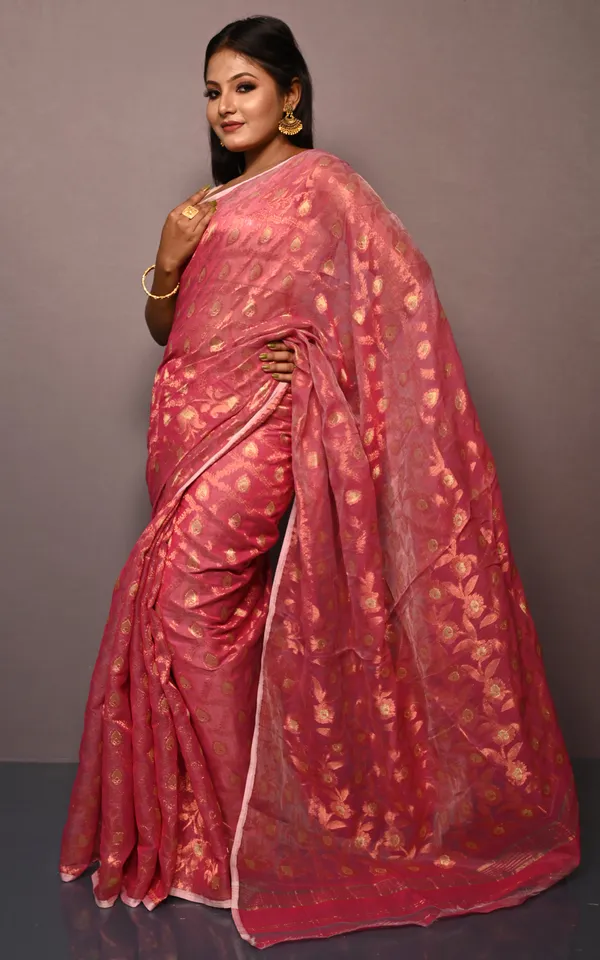 Traditional_Floral_Nakshi_Work_Soft_Brocade_Jamdani_Saree_In_Cerise_Pink_And_Off_White_With_Copper_And_Muted_Golden_Zari_Nakshi_Work