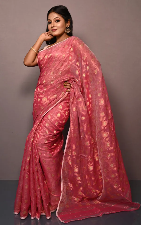 Traditional_Floral_Nakshi_Work_Soft_Brocade_Jamdani_Saree_In_Cerise_Pink_And_Off_White_With_Copper_And_Muted_Golden_Zari_Nakshi_Work