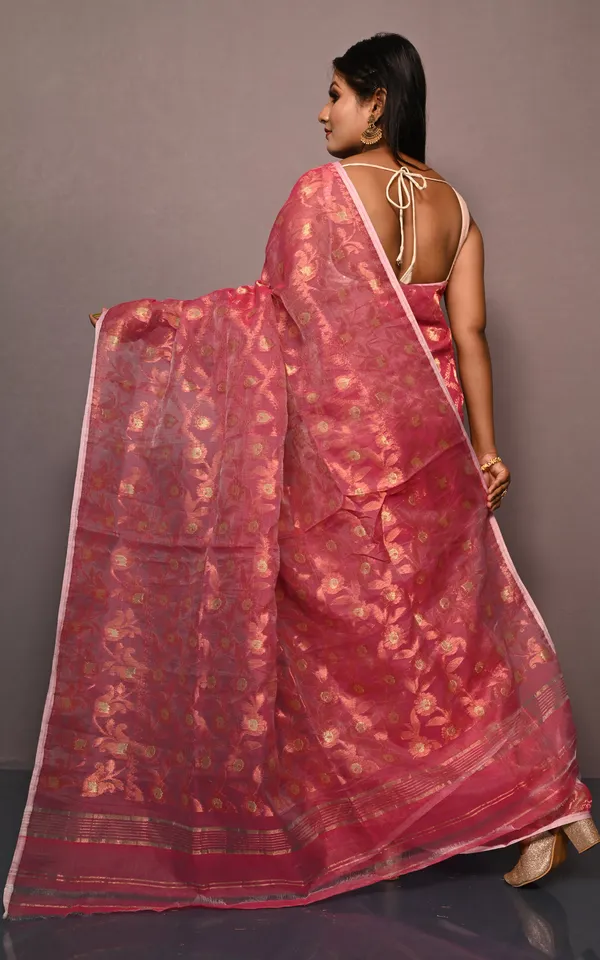 Traditional_Floral_Nakshi_Work_Soft_Brocade_Jamdani_Saree_In_Cerise_Pink_And_Off_White_With_Copper_And_Muted_Golden_Zari_Nakshi_Work