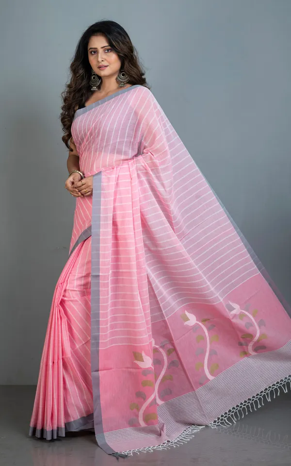 Woven_Khes_Work_Authentic_Khaddar_Cotton_Jamdani_Saree_In_Lemonade_Pink_Off_White_Grey_And_Green