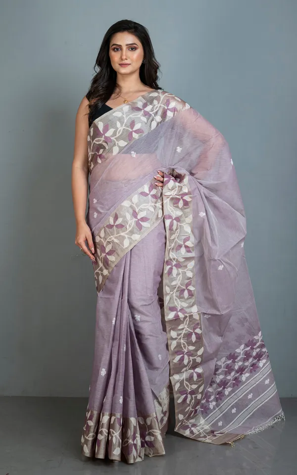 Tussar_Silk_Hand_Woven_Lotus_Nakshi_Border_Cotton_Dhakai_Jamdani_Saree_In_Lilac_Off_White_And_Golden_Beige