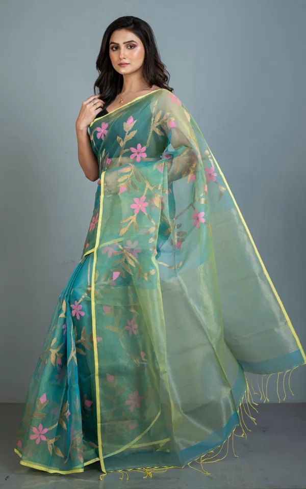 Premium_Poth_Muslin_Silk_Jamdani_Saree_With_Jaal_Floral_Work_In_Tiffany_Blue_Taffy_Pink_Lemon_Yellow_And_Golden
