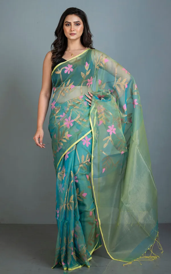 Premium_Poth_Muslin_Silk_Jamdani_Saree_With_Jaal_Floral_Work_In_Tiffany_Blue_Taffy_Pink_Lemon_Yellow_And_Golden