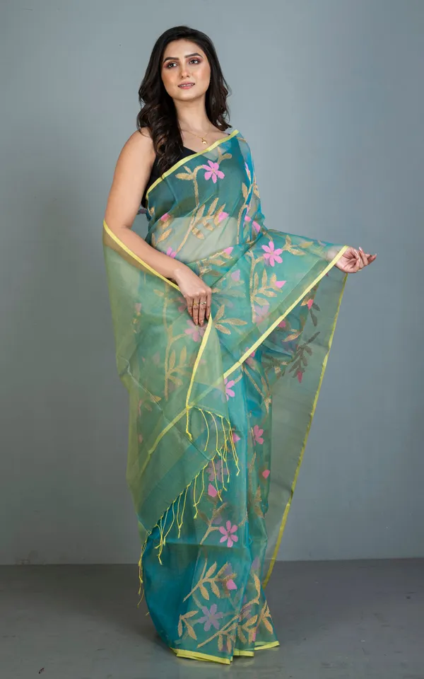 Premium_Poth_Muslin_Silk_Jamdani_Saree_With_Jaal_Floral_Work_In_Tiffany_Blue_Taffy_Pink_Lemon_Yellow_And_Golden
