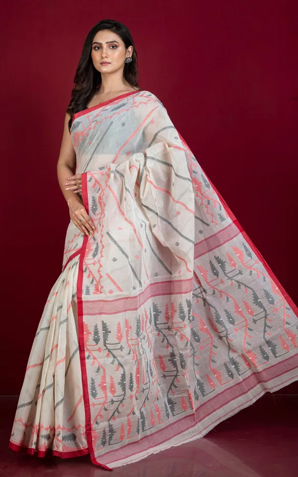 Traditional_Hand_Woven_Allover_Needle_Karat_Work_Cotton_Dhakai_Jamdani_Saree_In_Off_White_Red_And_Black_Thread_Work