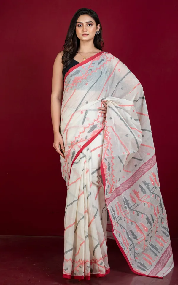 Traditional_Hand_Woven_Allover_Needle_Karat_Work_Cotton_Dhakai_Jamdani_Saree_In_Off_White_Red_And_Black_Thread_Work