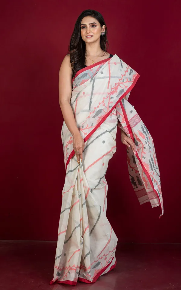 Traditional_Hand_Woven_Allover_Needle_Karat_Work_Cotton_Dhakai_Jamdani_Saree_In_Off_White_Red_And_Black_Thread_Work