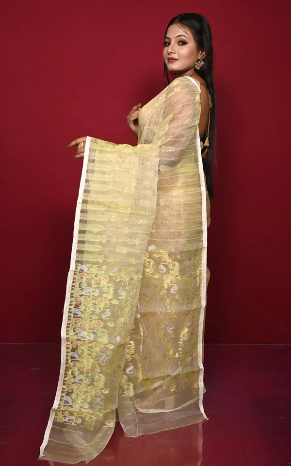 Soft_Muslin_Silk_Jamdani_Saree_In_Lemon_Yellow_And_Off_White_With_Golden_And_Copper_Zari_Nakshi_Work