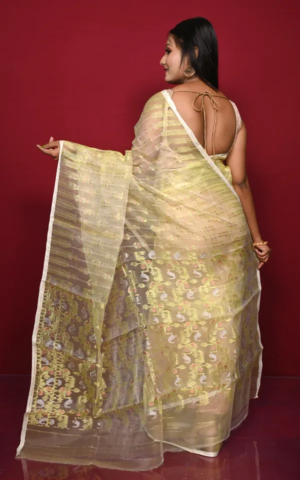 Soft_Muslin_Silk_Jamdani_Saree_In_Lemon_Yellow_And_Off_White_With_Golden_And_Copper_Zari_Nakshi_Work