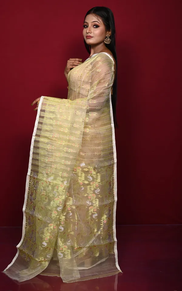 Soft_Muslin_Silk_Jamdani_Saree_In_Lemon_Yellow_And_Off_White_With_Golden_And_Copper_Zari_Nakshi_Work