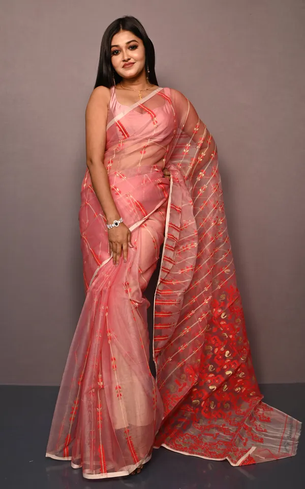 Soft_Muslin_Silk_Jamdani_Saree_In_Pastel_Red_Bright_Red_And_Off_White_With_Golden_And_Copper_Zari_Nakshi_Work