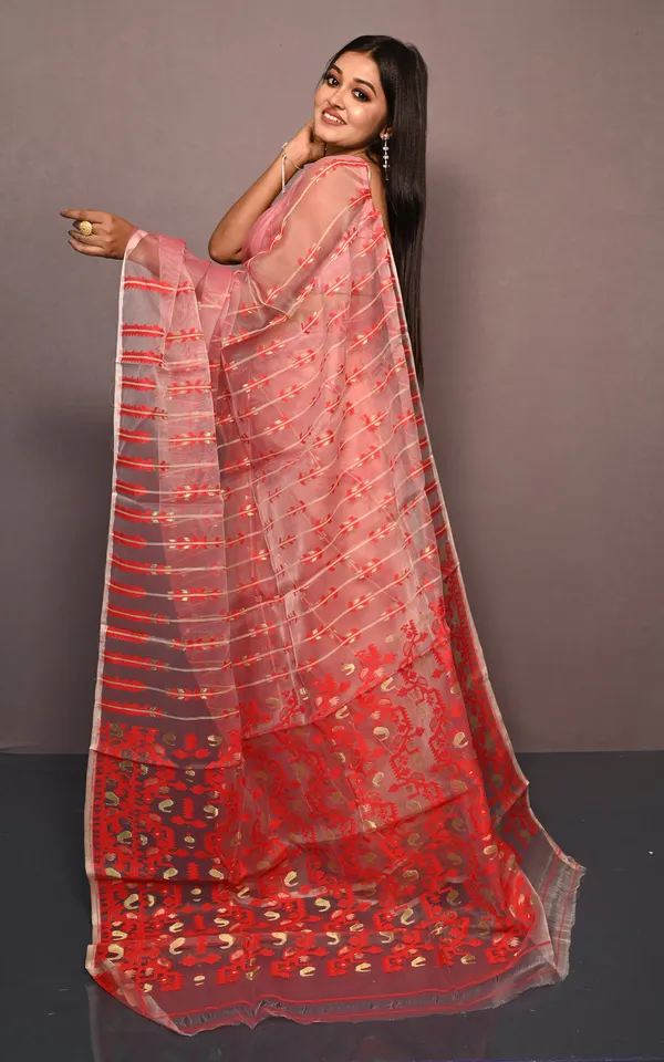 Soft_Muslin_Silk_Jamdani_Saree_In_Pastel_Red_Bright_Red_And_Off_White_With_Golden_And_Copper_Zari_Nakshi_Work
