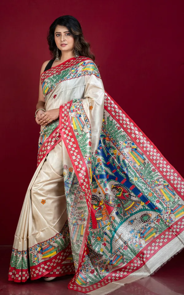 Hand_Painted_Madhubani_On_Premium_Quality_Soft_Tussar_Silk_Saree_In_Beige_Red_And_Multicolor
