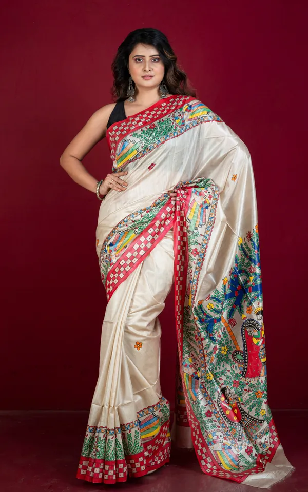 Hand_Painted_Madhubani_On_Premium_Quality_Soft_Tussar_Silk_Saree_In_Beige_Red_And_Multicolor