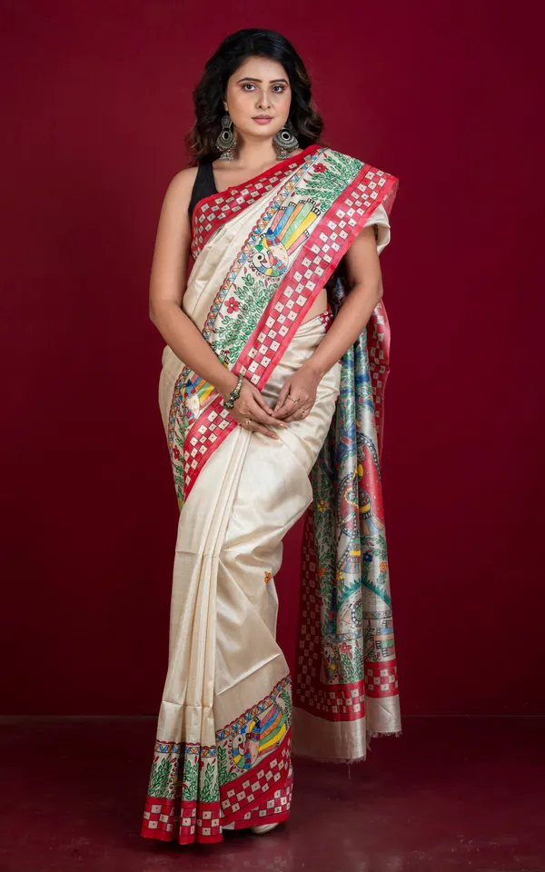 Hand_Painted_Madhubani_On_Premium_Quality_Soft_Tussar_Silk_Saree_In_Beige_Red_And_Multicolor
