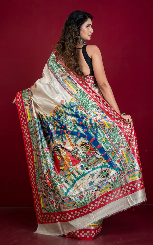 Hand_Painted_Madhubani_On_Premium_Quality_Soft_Tussar_Silk_Saree_In_Beige_Red_And_Multicolor