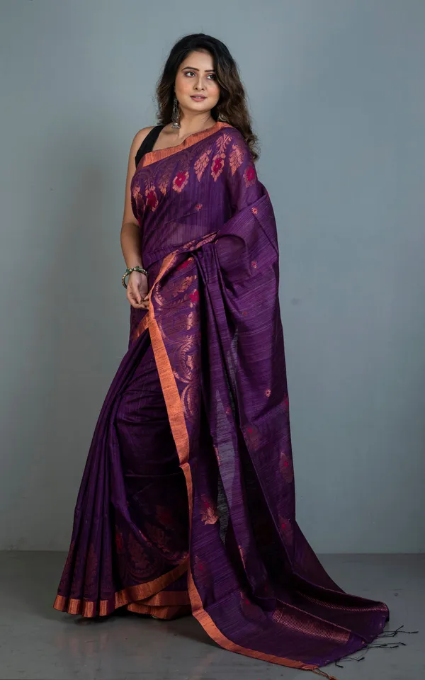 Woven_Necklace_Motif_Work_Premium_Tussar_Raw_Silk_Jamdani_Saree_In_Rich_Royal_Purple_Red_And_Copper