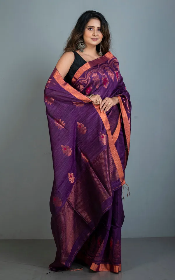 Woven_Necklace_Motif_Work_Premium_Tussar_Raw_Silk_Jamdani_Saree_In_Rich_Royal_Purple_Red_And_Copper