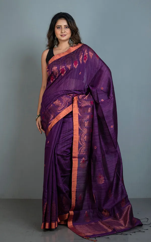 Woven_Necklace_Motif_Work_Premium_Tussar_Raw_Silk_Jamdani_Saree_In_Rich_Royal_Purple_Red_And_Copper