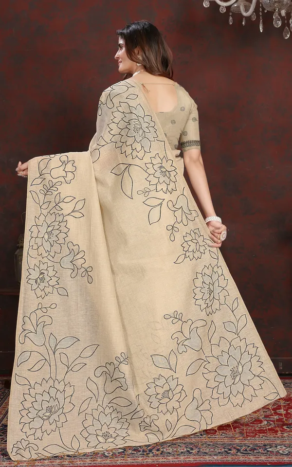 Floral_Sketch_Nakshi_Woven_Work_Soft_Jamdani_Saree_In_Light_Taupe_And_Black