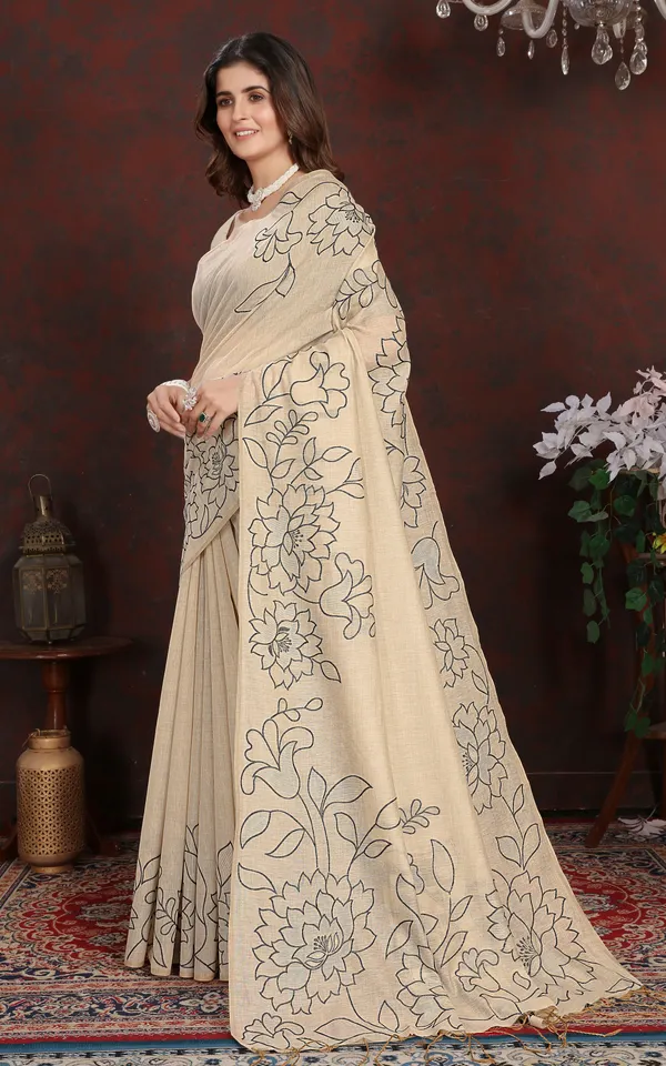 Floral_Sketch_Nakshi_Woven_Work_Soft_Jamdani_Saree_In_Light_Taupe_And_Black