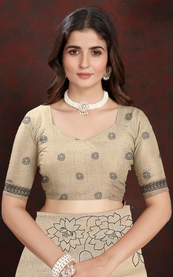 Floral_Sketch_Nakshi_Woven_Work_Soft_Jamdani_Saree_In_Light_Taupe_And_Black
