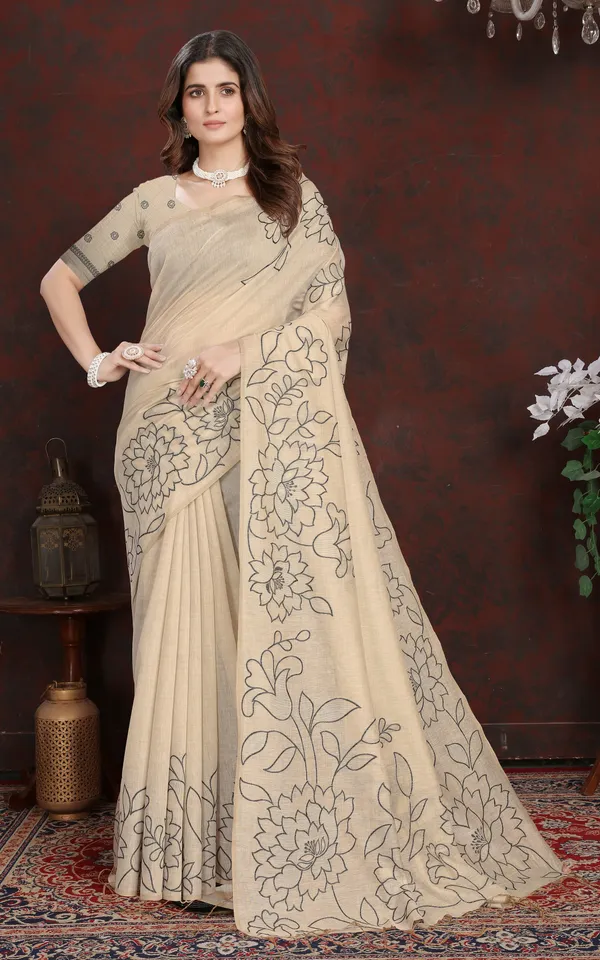 Floral_Sketch_Nakshi_Woven_Work_Soft_Jamdani_Saree_In_Light_Taupe_And_Black