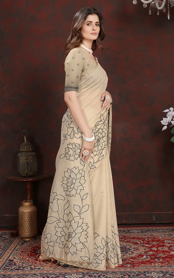 Floral_Sketch_Nakshi_Woven_Work_Soft_Jamdani_Saree_In_Light_Taupe_And_Black