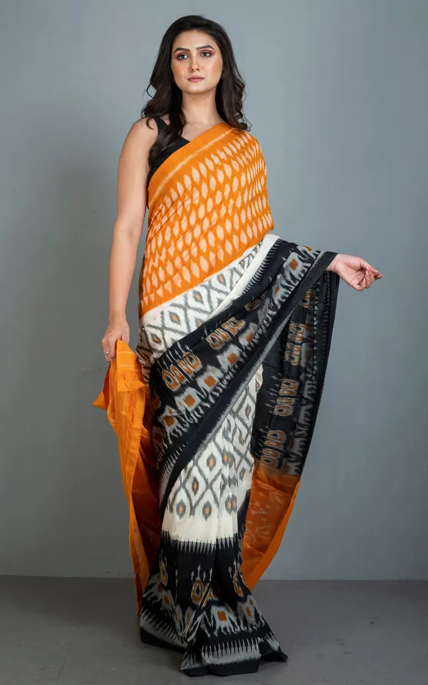 Soft_Mercerized_Cotton_Ikkat_Pochampally_Saree_In_Orange_Off_White_And_Black