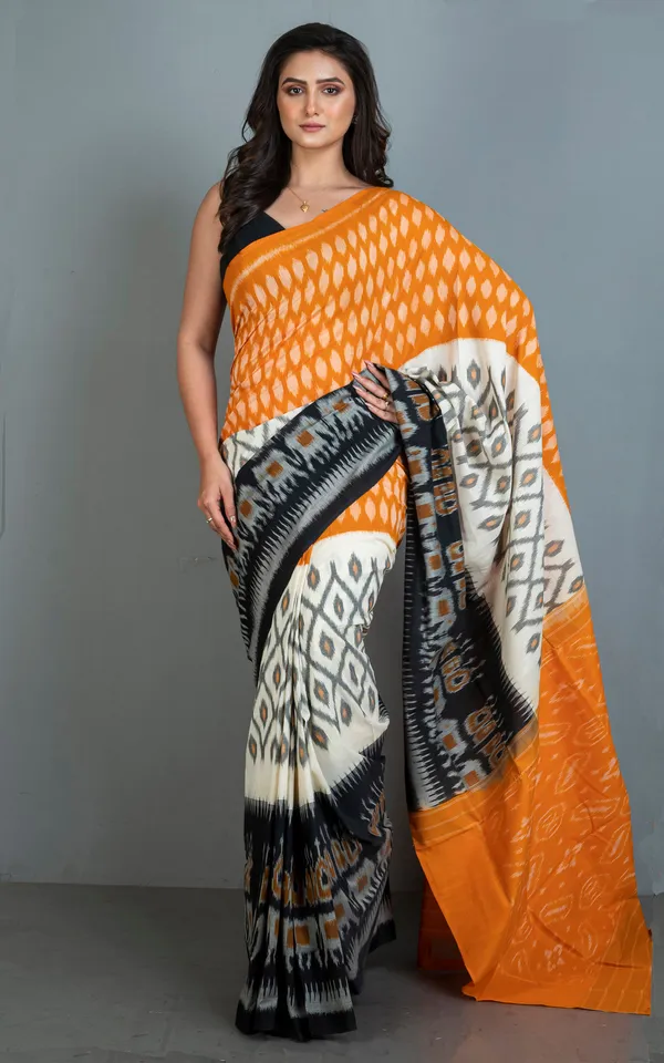Soft_Mercerized_Cotton_Ikkat_Pochampally_Saree_In_Orange_Off_White_And_Black