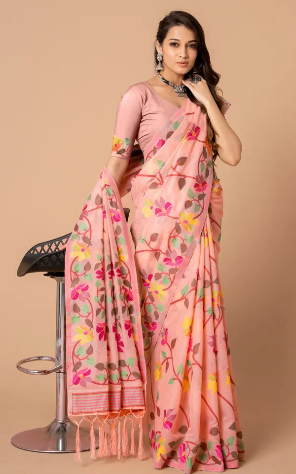 Tantuja_Inspired_Traditional_Soft_Jamdani_Saree_In_Candle_Light_Peach_Hot_Pink_And_Multicolor_Nakshi_Thread_Weave