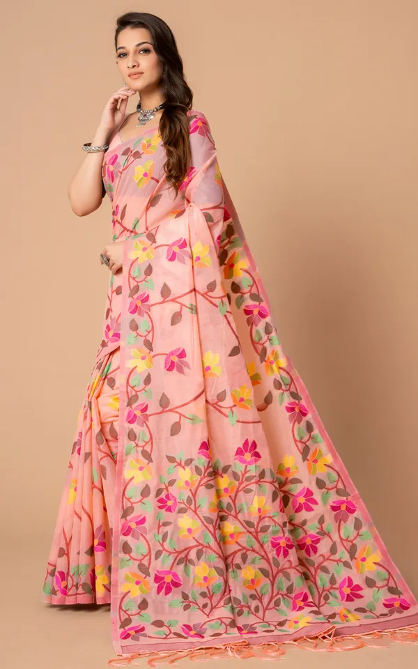 Tantuja_Inspired_Traditional_Soft_Jamdani_Saree_In_Candle_Light_Peach_Hot_Pink_And_Multicolor_Nakshi_Thread_Weave