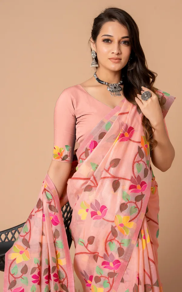 Tantuja_Inspired_Traditional_Soft_Jamdani_Saree_In_Candle_Light_Peach_Hot_Pink_And_Multicolor_Nakshi_Thread_Weave
