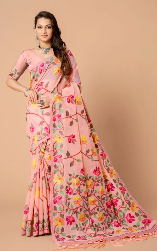 Tantuja_Inspired_Traditional_Soft_Jamdani_Saree_In_Candle_Light_Peach_Hot_Pink_And_Multicolor_Nakshi_Thread_Weave