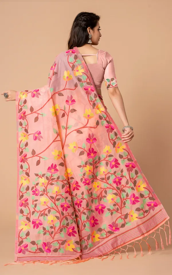 Tantuja_Inspired_Traditional_Soft_Jamdani_Saree_In_Candle_Light_Peach_Hot_Pink_And_Multicolor_Nakshi_Thread_Weave