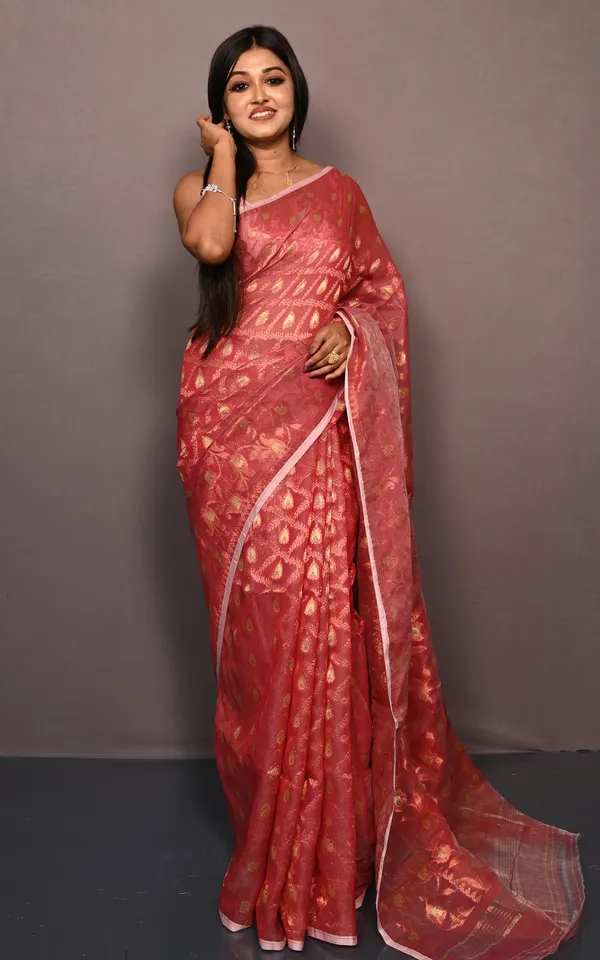 Traditional_Floral_Nakshi_Work_Soft_Brocade_Jamdani_Saree_In_Muted_Red_And_Off_White_With_Copper_And_Muted_Golden_Zari_Nakshi_Work