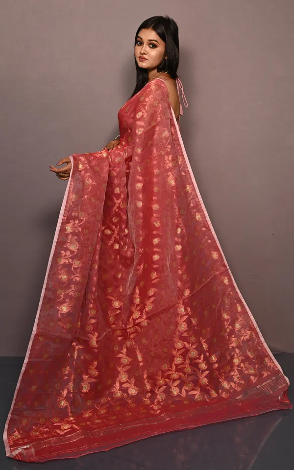 Traditional_Floral_Nakshi_Work_Soft_Brocade_Jamdani_Saree_In_Muted_Red_And_Off_White_With_Copper_And_Muted_Golden_Zari_Nakshi_Work
