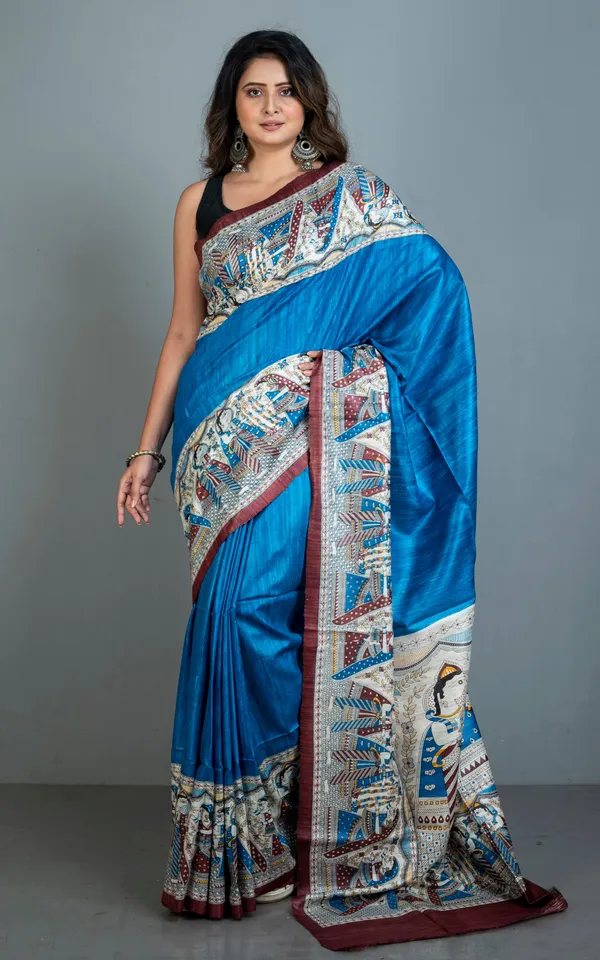 Traditional_Tussar_Ghicha_Kalamkari_Saree_In_Sapphire_Blue_Yellow_Beige_Brown_And_Black