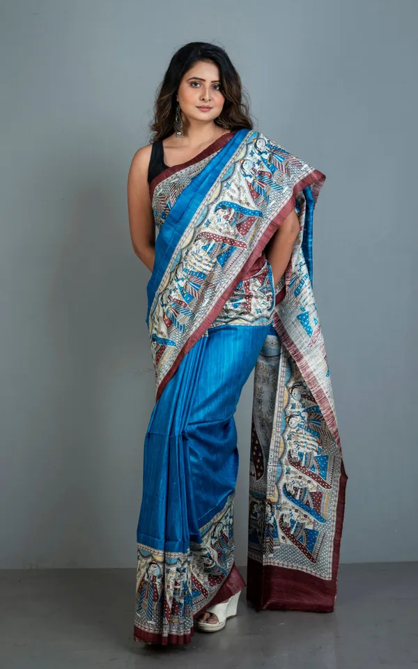 Traditional_Tussar_Ghicha_Kalamkari_Saree_In_Sapphire_Blue_Yellow_Beige_Brown_And_Black