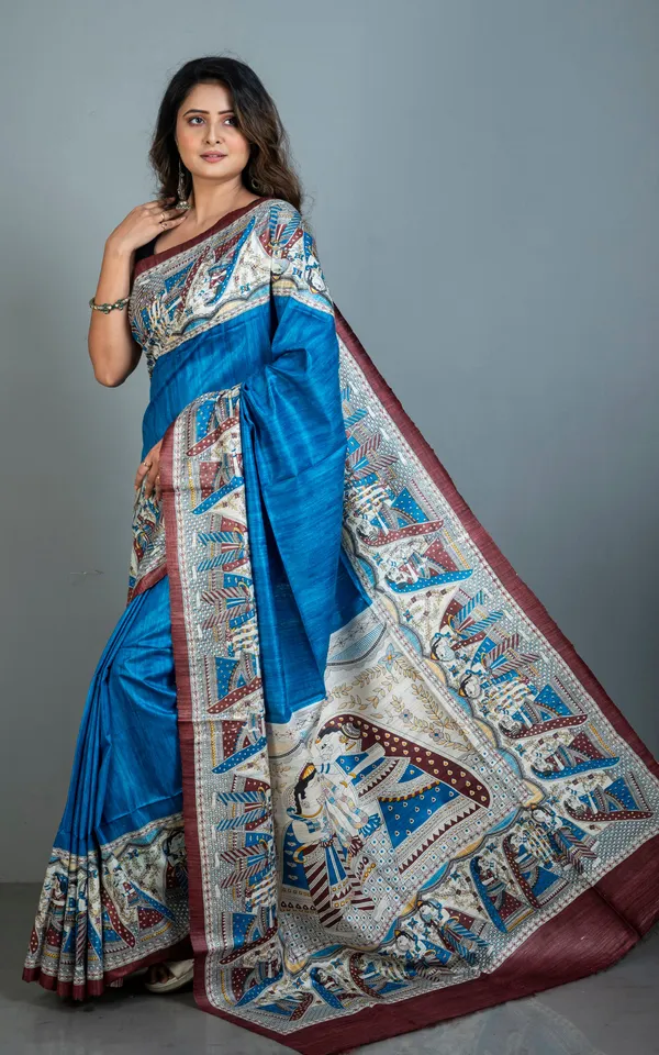Traditional_Tussar_Ghicha_Kalamkari_Saree_In_Sapphire_Blue_Yellow_Beige_Brown_And_Black