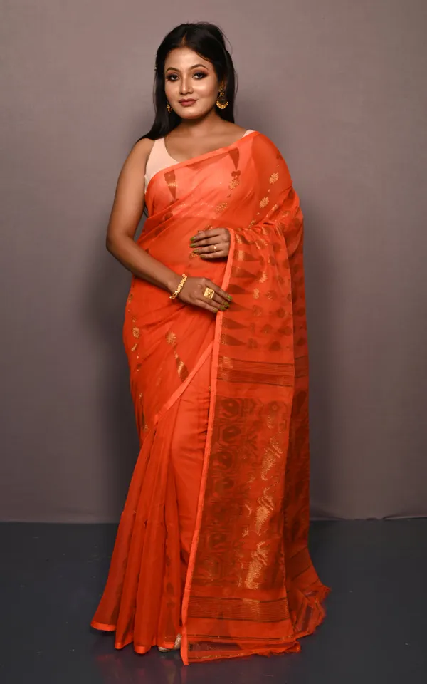 Soft_Neem_Zari_Woven_Work_Jamdani_Saree_In_Blaze_Orange_And_Antique_Gold