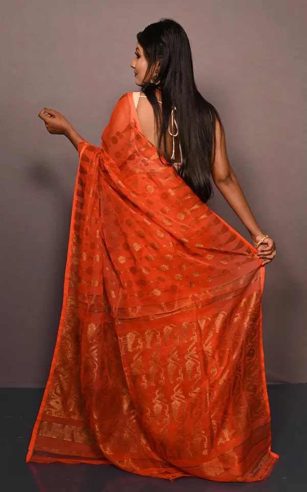 Soft_Neem_Zari_Woven_Work_Jamdani_Saree_In_Blaze_Orange_And_Antique_Gold