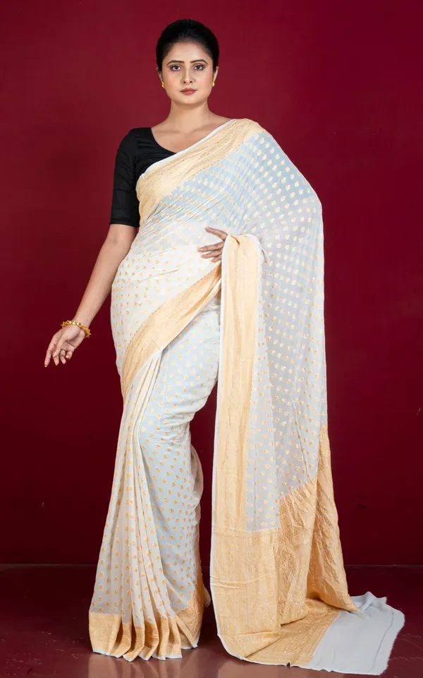 Hand_Woven_Medium_Border_Khaddi_Georgette_Banarasi_Saree_In_Off_White_And_Matt_Gold