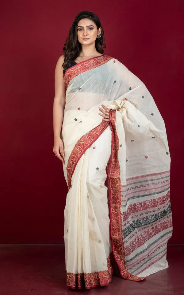 Bengal_Handloom_Cotton_Baluchari_Saree_In_Off_White_Maroon_Beige_And_Black