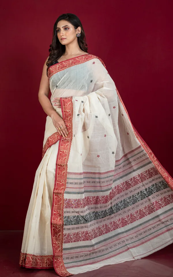 Bengal_Handloom_Cotton_Baluchari_Saree_In_Off_White_Maroon_Beige_And_Black