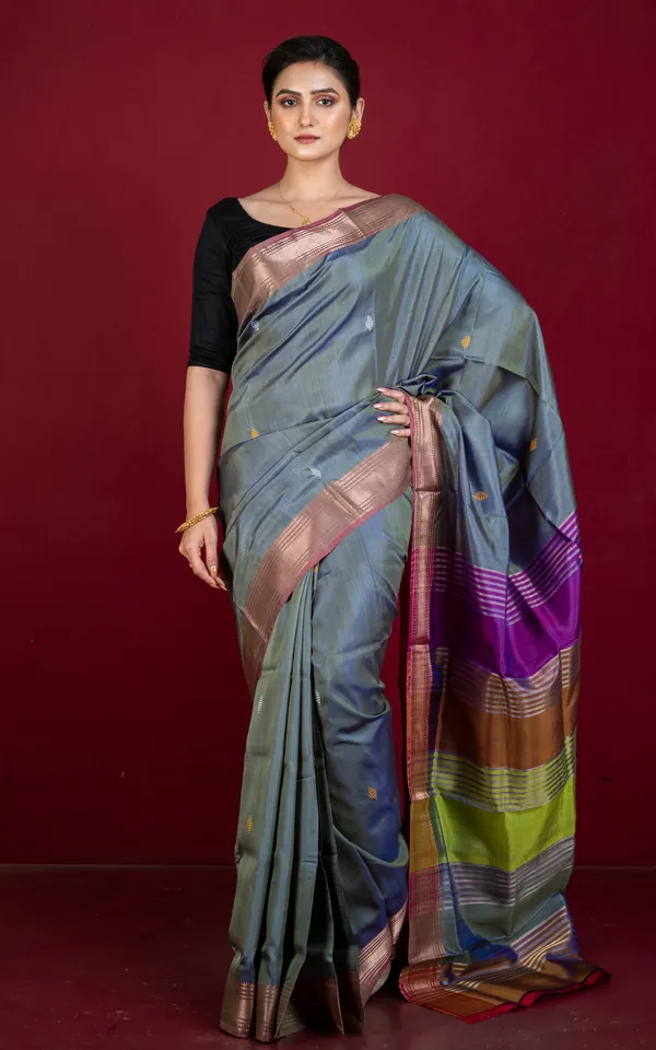 Hand_Woven_Bishnupuri_Chatai_Medium_Border_Katan_Silk_Saree_In_Grey_Pale_Red_And_Multicolor